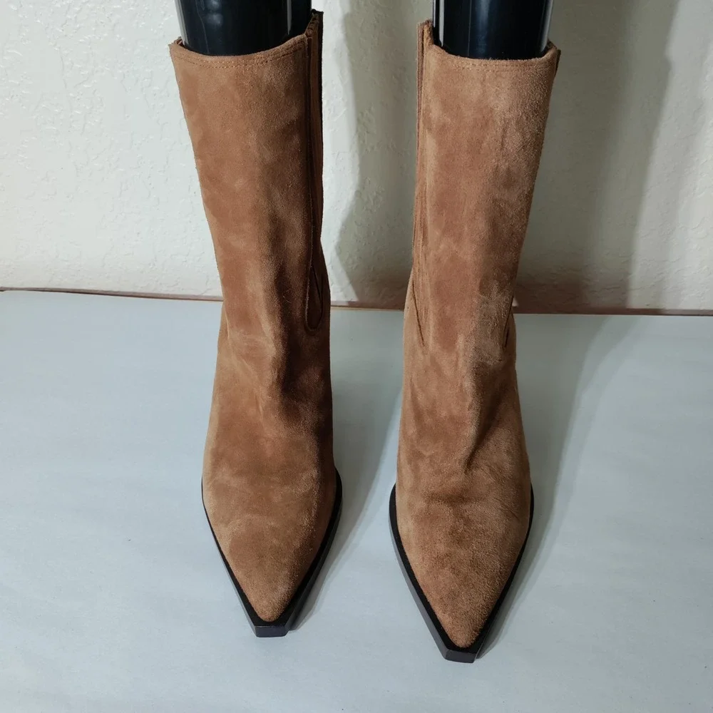 Sam Edelman Women Brown Suede Pointed Toe Western Fringe Ankle Boots Size 8.5
